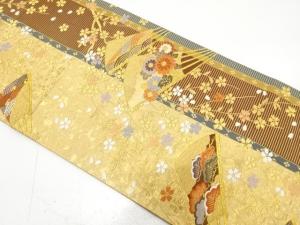 枝垂れ桜に扇・菊・笠松模様織り出し　袋帯